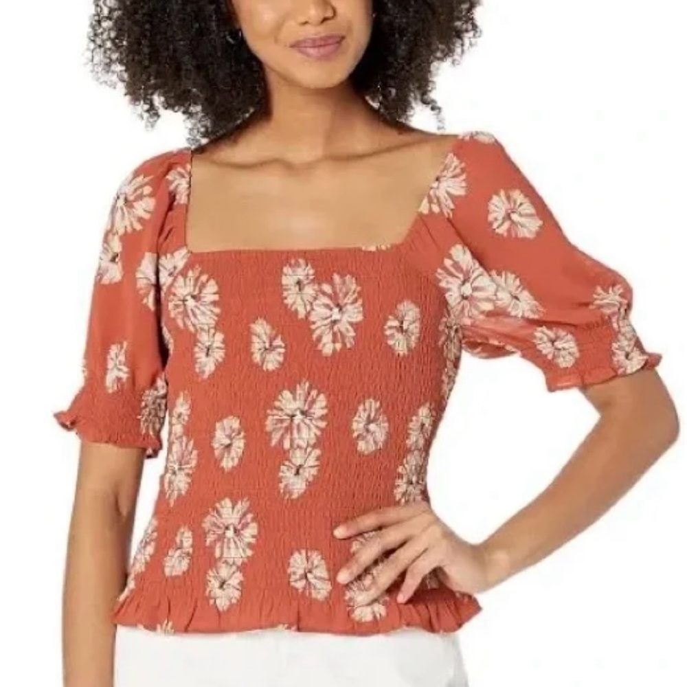 Madewell Womens Georgette Lucie Smocked Top Size 2X Puff
Sleeve Floral Rust NWOT